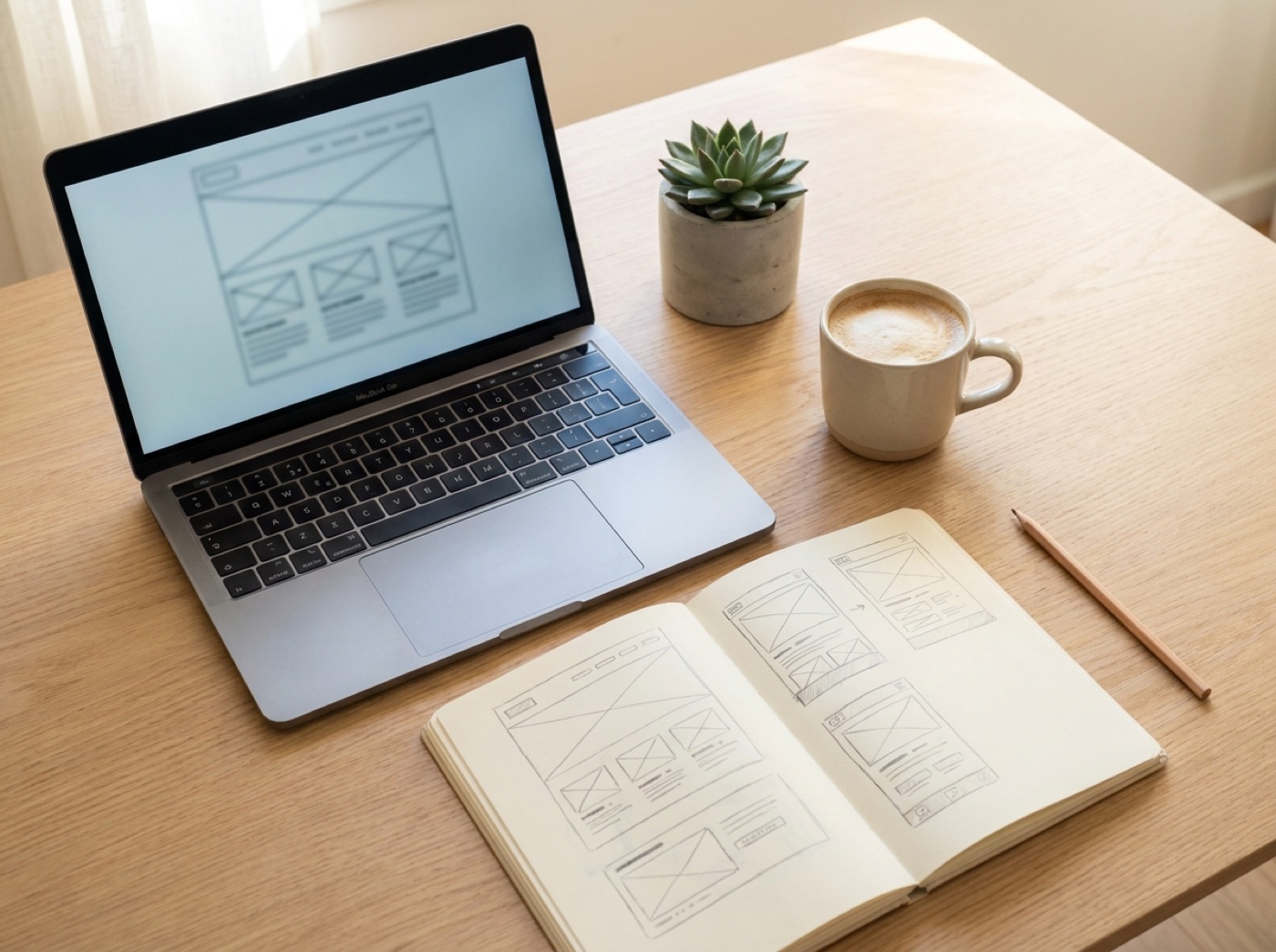 Clean workspace with laptop and a notebook of website wireframes